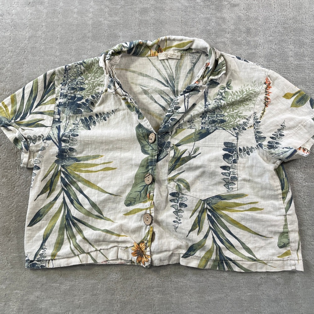 Bellambra Shirt Top Womens Small Green Italy Linen Tropical Leaf Cropped Button